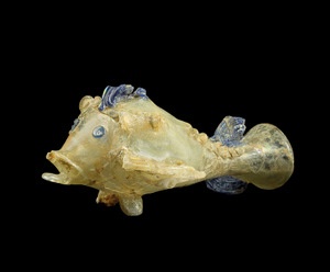 Cat. No. 164: Fish-shaped flask (Begram, Room 10), 1st-2nd centuries AD (glass, 8.7 x 10.7 x 20 cm (3 7/16 x 4 3/ 16 x 4 3/ 16 x 7 7/8)) - National Museum of Afghanistan © Thierry Ollivier / Musée Guimet