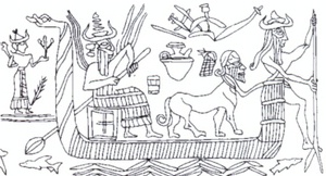 18. Imbarcazione di giunchi intrecciati raffigurata su di un sigillo mesopotamico di epoca accadica (III mill. a.C.); ibid., pg 35.