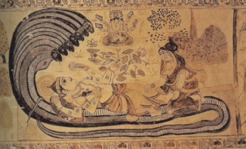 Hinduismus: Gott Vishnu auf den Windungen der siebenköpfigen Schlange der Ewigkeit ruhend. Gemälde aus dem Lakshmīnarayan -Tempel in Orcha, Madhya Pradesh, Nordindien. Abb. ebd., S. 29