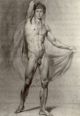 Jean Grandjean, Zeichnung 1779. Der Niederländer, in Rom aktiv seit 1752, schuf diese Zeichnung im Atelier des Bildhauers Alexander Trippel, der lebende Modelle Posen antiker Statuen einnehmen ließ.