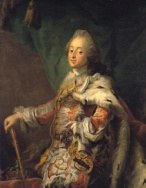 Portrait of Frederik V. in his coronation robes. Painting by C.G. Pilo.