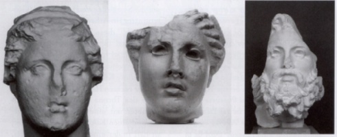 Original: Köpfe Athen, Nationalmuseum, Inv. 1734-1736. Marmor; Kopfhöhe 63 cm (Demeter), ca. 45 cm (Artemis), ca. 53 cm (Anytos); ursprüngliche Höhe der stehenden Figuren etwa 3,30 und 3,80 m, der sitzenden Demeter über 4,00 m.