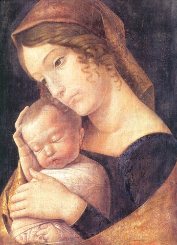 Andrea Mantegna (1431-1506): Maria mit dem schlafenden Kind (1465/70), Leinwand, Höhe 43 cm, Breite 32 cm, Schenkung von 1904 - Gemäldegalerie Kat.-Nr. S.5; ebd., Abb. S. 93