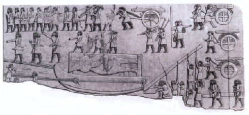 24. Trasporto di una statua taurocefala su slitta all'epoca di Sennacherib raffigurato in un bassorilievo di Ninive. VII sec. a.C. (da Layard 1853 tav. 16); ibid, pg 43.